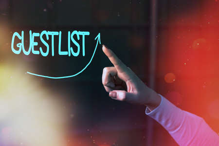 Conceptual hand writing showing Guestlist. Concept meaning list of the individuals invited to a specific or particular event Digital arrowhead curve denoting growth development conceptの写真素材