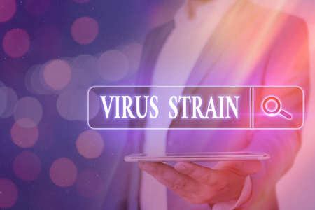 Handwriting text Virus Strain. Conceptual photo Another genetic variant derived from the original microorganism Web search digital information futuristic technology network connectionの写真素材