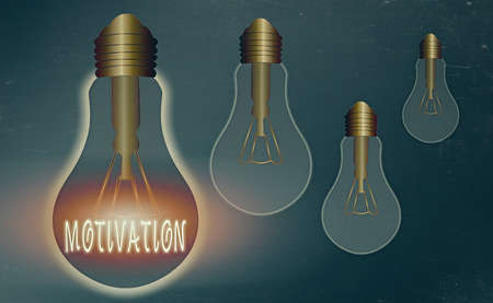Conceptual hand writing showing Motivation. Concept meaning reasons one has for acting or behaving in a particular way Realistic colored vintage light bulbs, idea sign solutionの写真素材