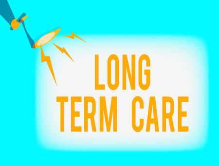 Conceptual hand writing showing Long Term Care. Concept meaning assistance with the basic an individualal tasks of everyday life Hu analysis Holding Megaphone with Lightning Sound Effectの写真素材