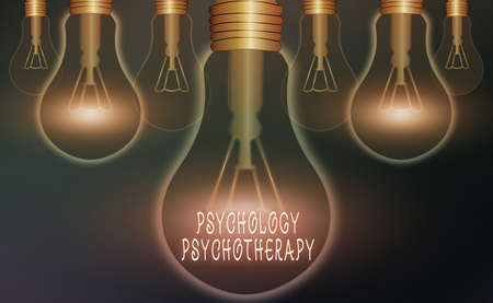 Word writing text Psychology Psychotherapy. Business photo showcasing use of a psychological method to treat mental illness Realistic colored vintage light bulbs, idea sign solution thinking conceptの写真素材