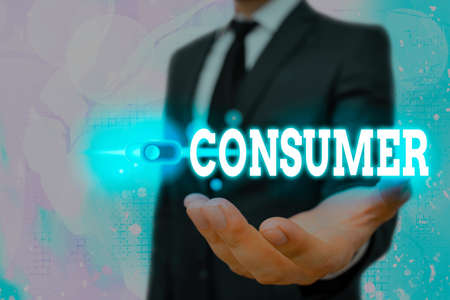 Text sign showing Consumer. Business photo text one that utilizes economic goods that are sold by...
