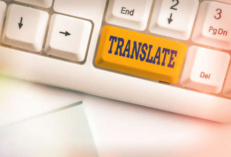 Text sign showing Translate. Business photo text bear, remove, or change from one place, state, form, or appearance Different colored keyboard key with accessories arranged on empty copy spaceの写真素材