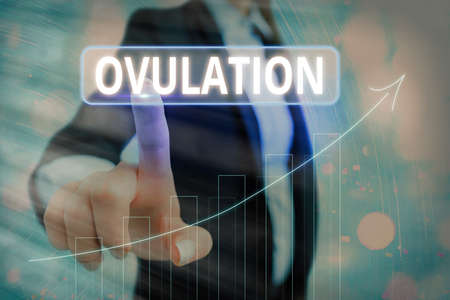 Text sign showing Ovulation. Business photo showcasing the discharge of a mature ovum from the ovary...