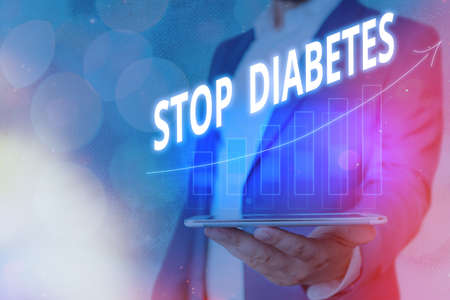 Word writing text Stop Diabetes. Business photo showcasing prevent the disease of elevated glucose level in the blood Arrow symbol going upward denoting points showing significant achievementの写真素材