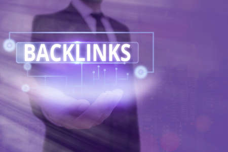 Text sign showing Backlinks. Business photo text links from one website to a page on another website or page Information digital technology network connection infographic elements iconの写真素材