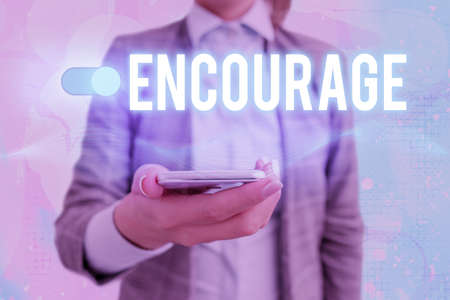 Text sign showing Encourage. Business photo showcasing to inspire with courage, spirit, hope, spur on, or to persuade Graphics padlock for web data information security application systemの写真素材