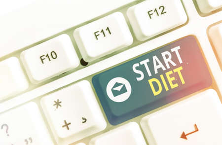 Writing note showing Start Diet. Business concept for the practice of eating food in a regulated and supervised fashion Colored keyboard key with accessories arranged on empty copy spaceの写真素材
