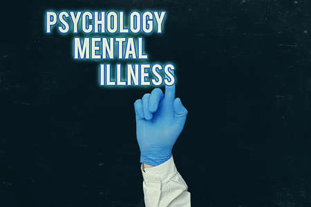 Word writing text Psychology Mental Illness. Business photo showcasing a behavioral pattern that causes significant distress Displaying Empty Sticker Paper Accessories Smartphone With Medical Gloves Onの写真素材