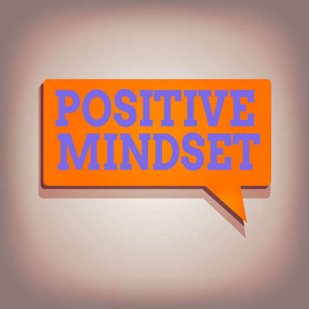Conceptual hand writing showing Positive Mindset. Concept meaning mental attitude in which you expect favorable results Rectangular Solid color Halftone Speech Bubble with Shadowの写真素材