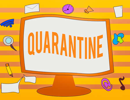 Text sign showing Quarantine. Business photo text restraint upon the activities of an individual or the transport of goods Web Application Software icons Surrounding Blank Mounted Computer Monitorの写真素材