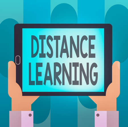 Handwriting text writing Distance Learning. Conceptual photo educational lectures broadcasted over the Internet remotely Hu analysis Hand Holding Blank Screen Tablet Smartphone Display Unit photoの写真素材