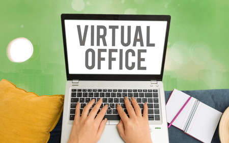 Word writing text Virtual Office. Business photo showcasing operational domain of any business or organization virtually Modern gadgets with white display screen under colorful bokeh backgroundの写真素材