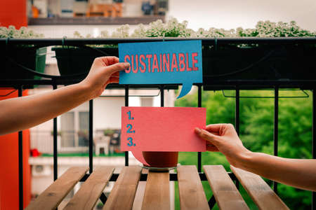 Text sign showing Sustainable. Business photo showcasing the ability to be sustained, supported, upheld, or confirmed Empty bubble chat sticker notes mock up emphasizing personal idea conceptの写真素材