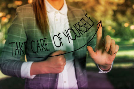 Writing note showing Take Care Of Yourself. Business concept for a polite way of ending a gettogether or conversation Digital arrowhead curve denoting growth development conceptの写真素材