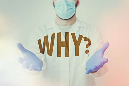 Handwriting text Why question. Conceptual photo the cause, reason, or purpose for which you want to know the reason Laboratory Technician Featuring Empty Sticker Paper Accessories Smartphoneの写真素材