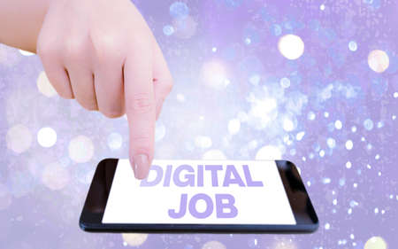 Text sign showing Digital Job. Business photo text get paid task done through internet and an individualal computer Modern gadgets with white display screen under colorful bokeh backgroundの写真素材