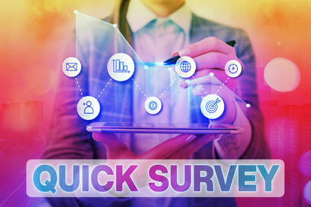 Handwriting text writing Quick Survey. Conceptual photo Conduct fast check on condition value situation of something Arrow symbol going upward denoting points showing significant achievementの写真素材