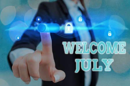Conceptual hand writing showing Welcome July. Concept meaning Calendar Seventh Month 31days Third...