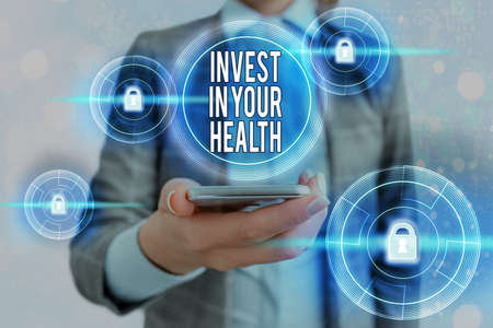 Text sign showing Invest In Your Health. Business photo showcasing put money on maintenance or...