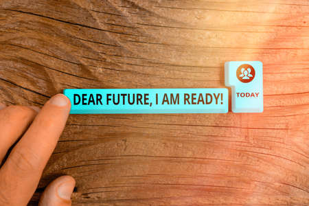 Handwriting text writing Dear Future I Am Ready. Conceptual photo Confident to move ahead or to face the future Different Colored PC keyboard key With Accessories on Empty backgroundの写真素材