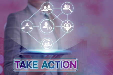 Text sign showing Take Action. Business photo showcasing advices someone to do something or reaction right now Information digital technology network connection infographic elements iconの写真素材