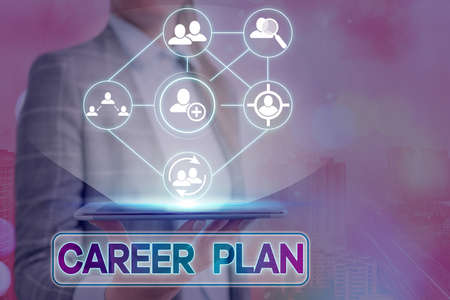 Text sign showing Career Plan. Business photo showcasing ongoing process where you Explore your interests and abilities Information digital technology network connection infographic elements iconの写真素材