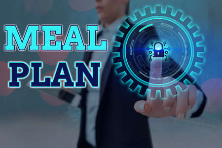 Conceptual hand writing showing Meal Plan. Concept meaning act of taking time to plan any number of...