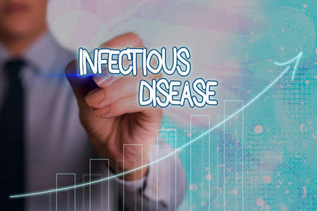 Conceptual hand writing showing Infectious Disease. Concept meaning caused by pathogenic microorganism, such as viruses, etc Arrow symbol going upward showing significant achievementの写真素材