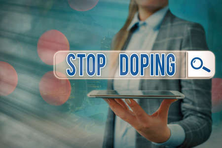Text sign showing Stop Doping. Business photo text quit the use of banned athletic performance enhancing drugs Web search digital information futuristic technology network connectionの写真素材