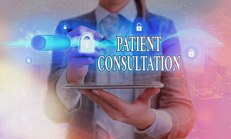 Handwriting text writing Patient Consultation. Conceptual photo examining discuss a patient and his or her condition Graphics padlock for web data information security application systemの写真素材