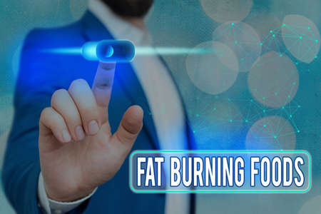 Handwriting text Fat Burning Foods. Conceptual photo produce fat loss by stimulating metabolism to reduce appetite Graphics padlock for web data information security application systemの写真素材