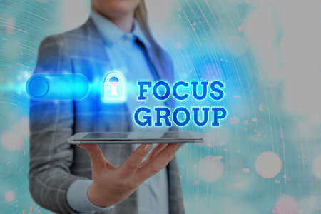 Text sign showing Focus Group. Business photo showcasing showing assembled to participate in discussion about something Graphics padlock for web data information security application systemの写真素材
