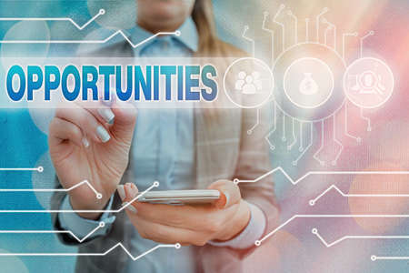 Text sign showing Opportunities. Business photo text good chance for advancement, favorable juncture circumstance System administrator control, gear configuration settings tools conceptの写真素材