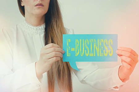 Writing note showing E Business. Business concept for the process of conducting commercial transaction over internet Displaying different color mock up notes for emphasizing contentの写真素材