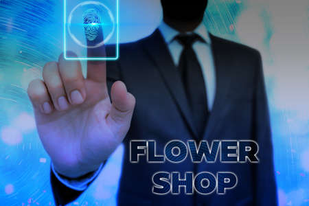 Conceptual hand writing showing Flower Shop. Concept meaning where cut flowers are sold with decorations for gifts Information digital technology network infographic elementsの写真素材