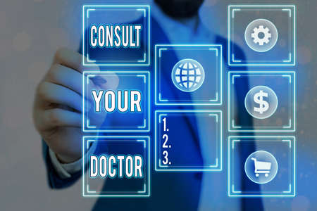 Writing note showing Consult Your Doctor. Business concept for ask information or advice from a medical professional Grids and different icons latest digital technology conceptの写真素材