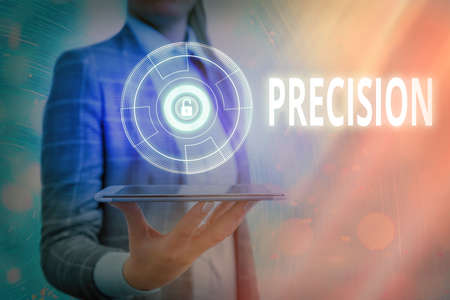 Text sign showing Precision. Business photo text degree of refinement with which an operation is performed Graphics padlock for web data information security application systemの写真素材
