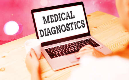 Word writing text Medical Diagnostics. Business photo showcasing act of identifying a disease from its signs and symptoms Modern gadgets with white display screen under colorful bokeh backgroundの写真素材