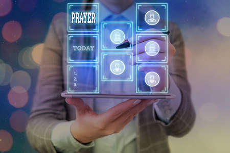Word writing text Prayer. Business photo showcasing solemn request for help or expression of thanks addressed to God Grids and different set up of the icons latest digital technology conceptの写真素材