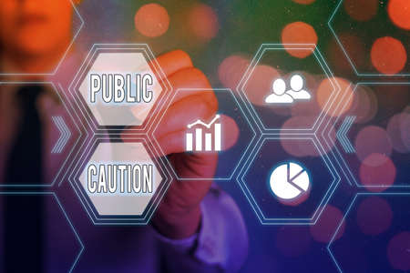 Conceptual hand writing showing Public Caution. Concept meaning formal warning given to the public to express a potential risk Grids and different icons latest digital technology conceptの写真素材