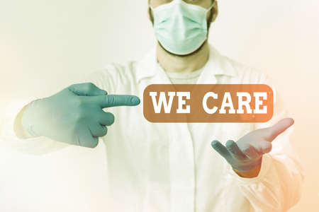 Text sign showing We Care. Business photo text Cherishing someones life Giving care and providing their needs Laboratory Technician Featuring Empty Sticker Paper Accessories Smartphoneの写真素材
