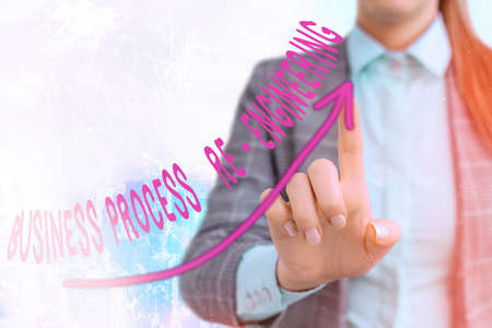 Conceptual hand writing showing Business Process Re Engineering. Concept meaning the analysis and design of workflows Digital arrowhead curve denoting growth development conceptの写真素材