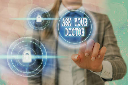 Text sign showing Ask Your Doctor. Business photo showcasing seeking information or advice from a medical professional Graphics padlock for web data information security application systemの写真素材
