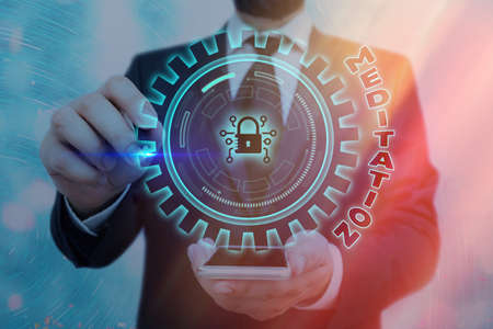 Word writing text Meditation. Business photo showcasing the discourse intended to express its author s is reflections Graphics padlock for web data information security application systemの写真素材