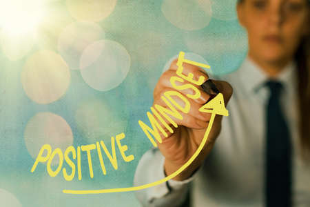 Writing note showing Positive Mindset. Business concept for mental attitude in which you expect favorable results Digital arrowhead curve denoting growth development conceptの写真素材