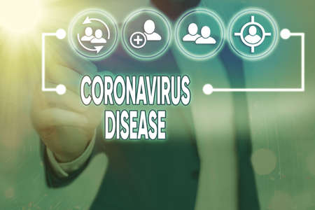 Word writing text Coronavirus Disease. Business photo showcasing defined as illness caused by a novel virus SARSCoV2 Information digital technology network connection infographic elements iconの写真素材