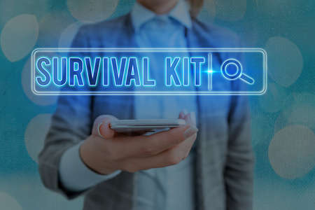 Text sign showing Survival Kit. Business photo showcasing Emergency Equipment Collection of items to help someone Web search digital information futuristic technology network connectionの写真素材
