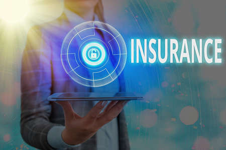 Text sign showing Insurance. Business photo text coverage by contract whereby one party undertakes to guarantee Graphics padlock for web data information security application systemの写真素材