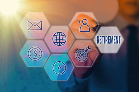 Conceptual hand writing showing Retirement. Concept meaning withdrawal from one s is occupation or from active working life Grids and different icons latest digital technology conceptの写真素材